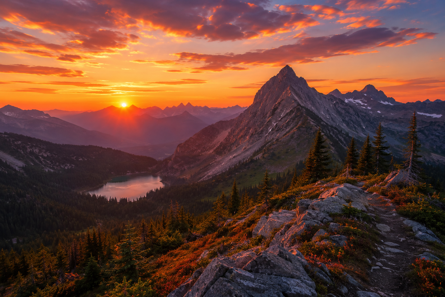 A mountain landscape at sunset